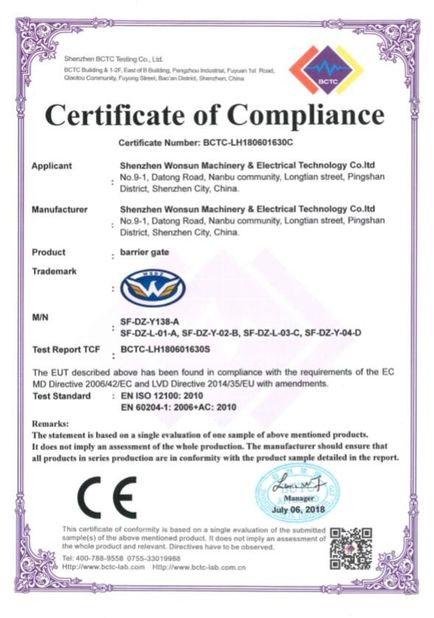 Китай Shenzhen Wonsun Machinery &amp; Electrical Technology Co. Ltd Сертификаты